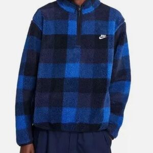 NIKE Nike Club Fleece Winterized Half-Zip Pullover Blue Plaid SIZE: S